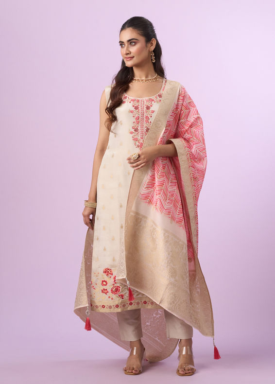 Mohey Women Cream Tissue Straight Suit