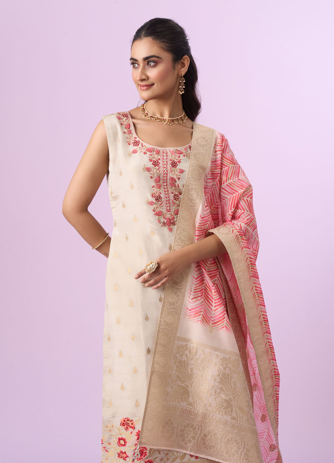 Mohey Women Cream Tissue Straight Suit