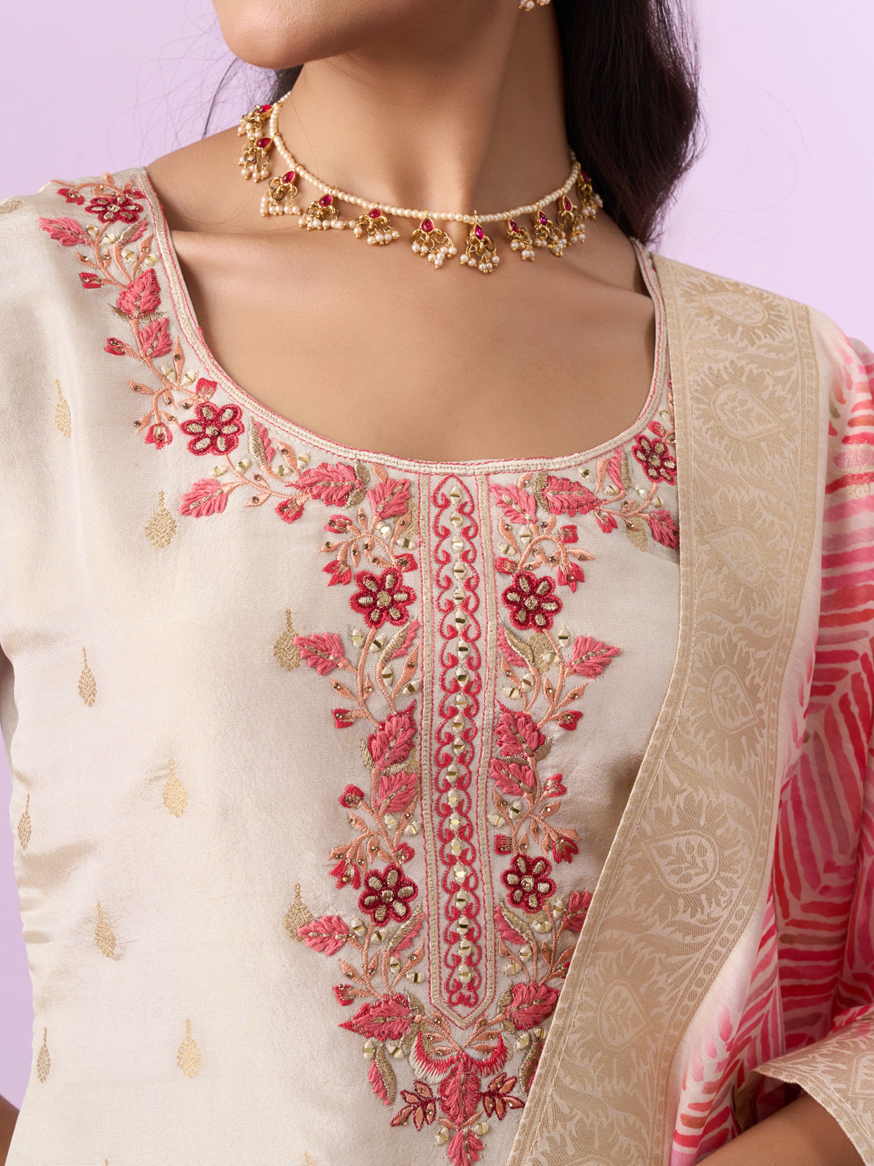 Mohey Women Cream Tissue Straight Suit