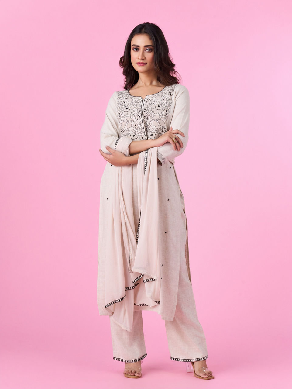 Mohey Women Linen Cream Palazzo Suit