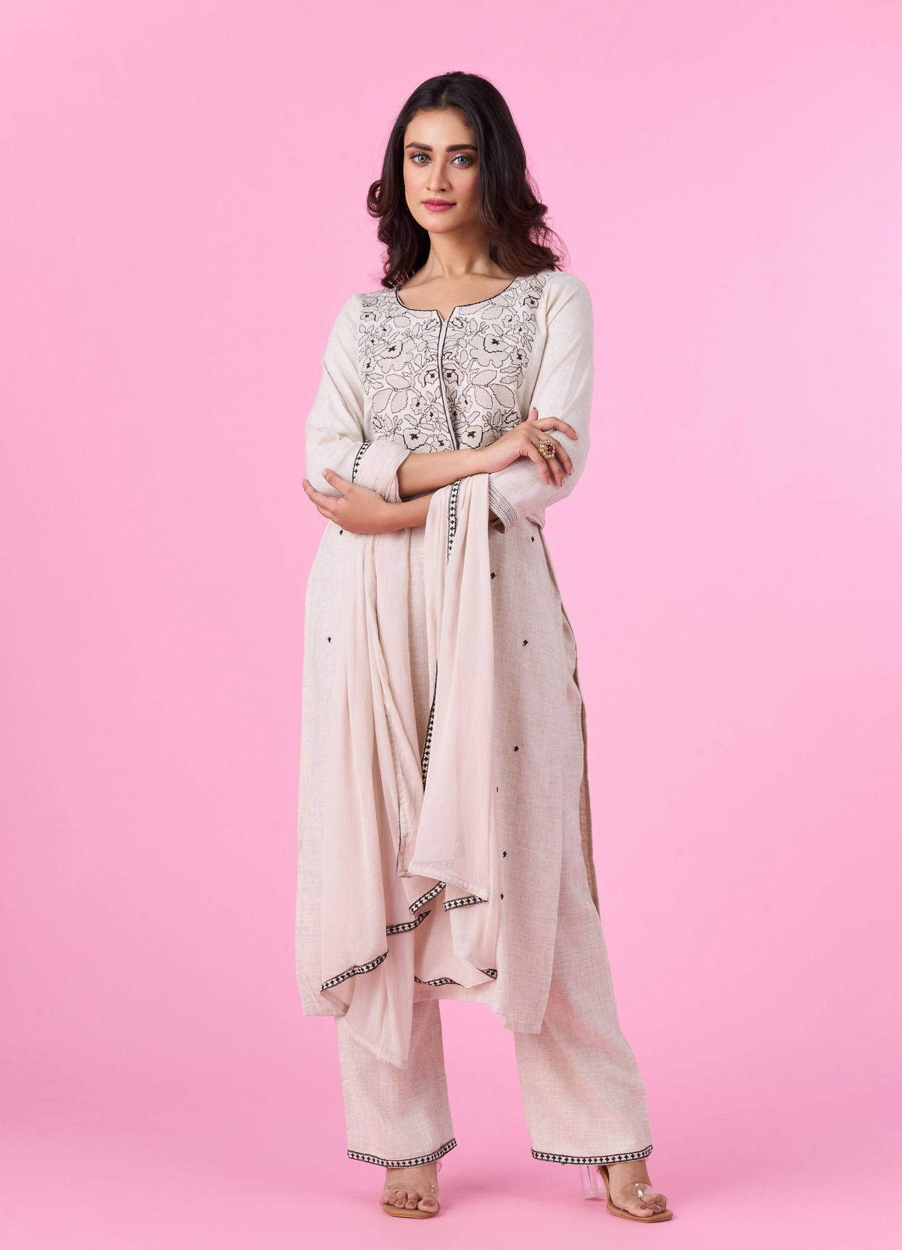 Mohey Women Linen Cream Palazzo Suit