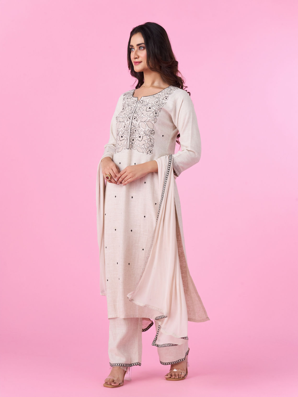 Mohey Women Linen Cream Palazzo Suit