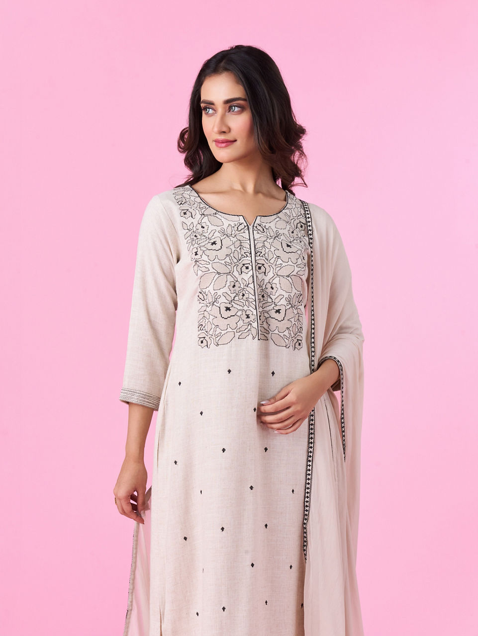 Mohey Women Linen Cream Palazzo Suit