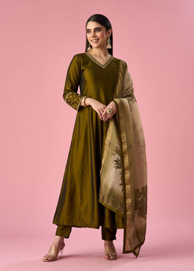 Mohey Women Green Art Silk Anarkali Suit with Hand Embroidery