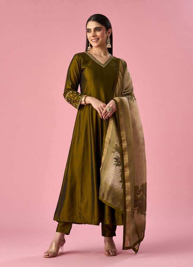 Mohey Women Green Art Silk Anarkali Suit with Hand Embroidery