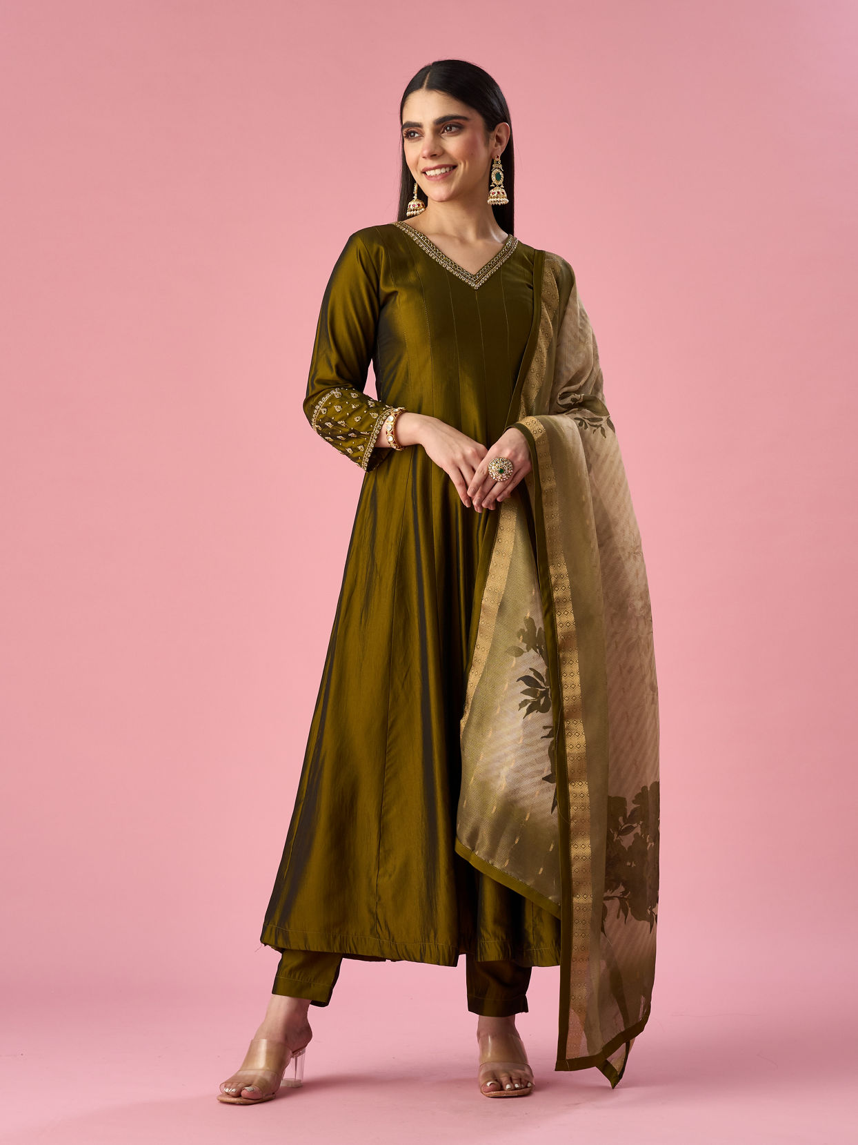 Mohey Women Green Art Silk Anarkali Suit with Hand Embroidery