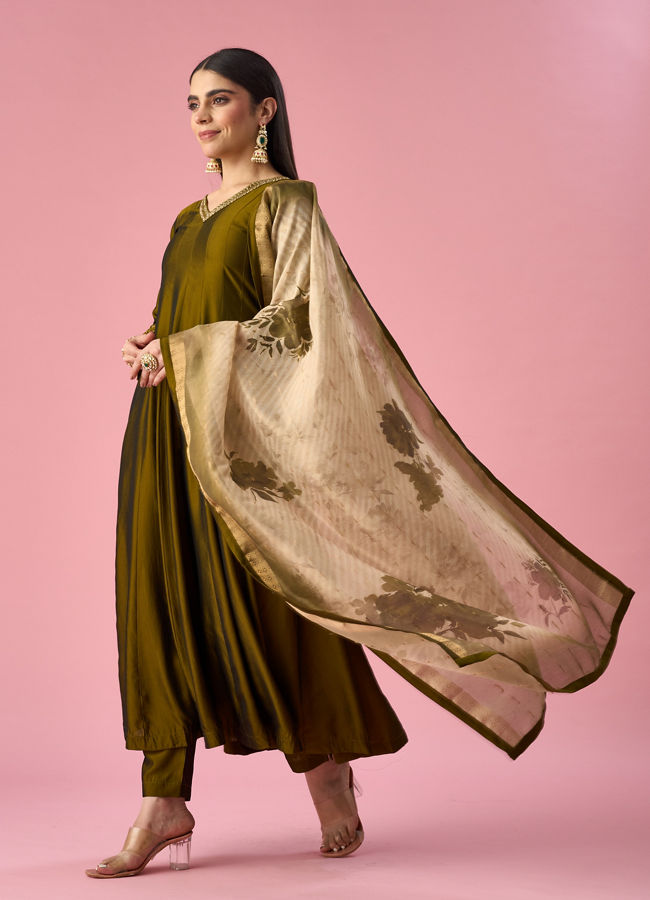 Mohey Women Green Art Silk Anarkali Suit with Hand Embroidery