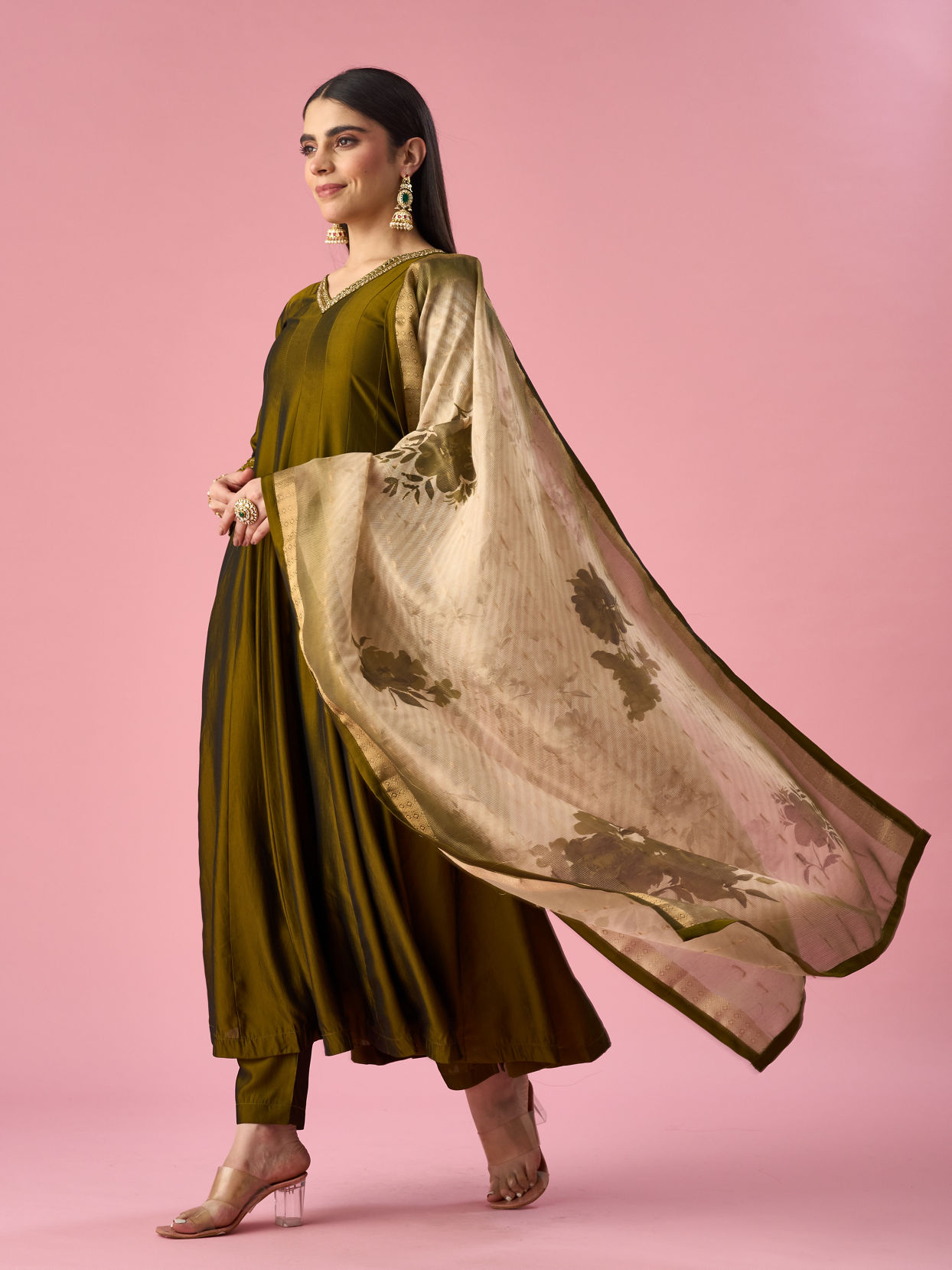 Mohey Women Green Art Silk Anarkali Suit with Hand Embroidery