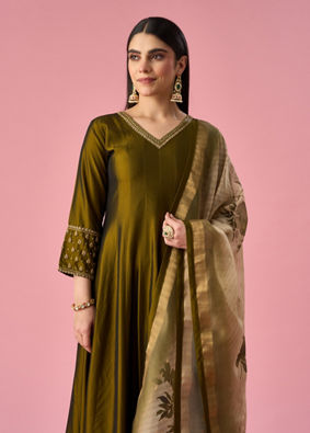 Mohey Women Green Art Silk Anarkali Suit with Hand Embroidery