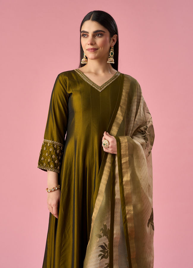 Mohey Women Green Art Silk Anarkali Suit with Hand Embroidery