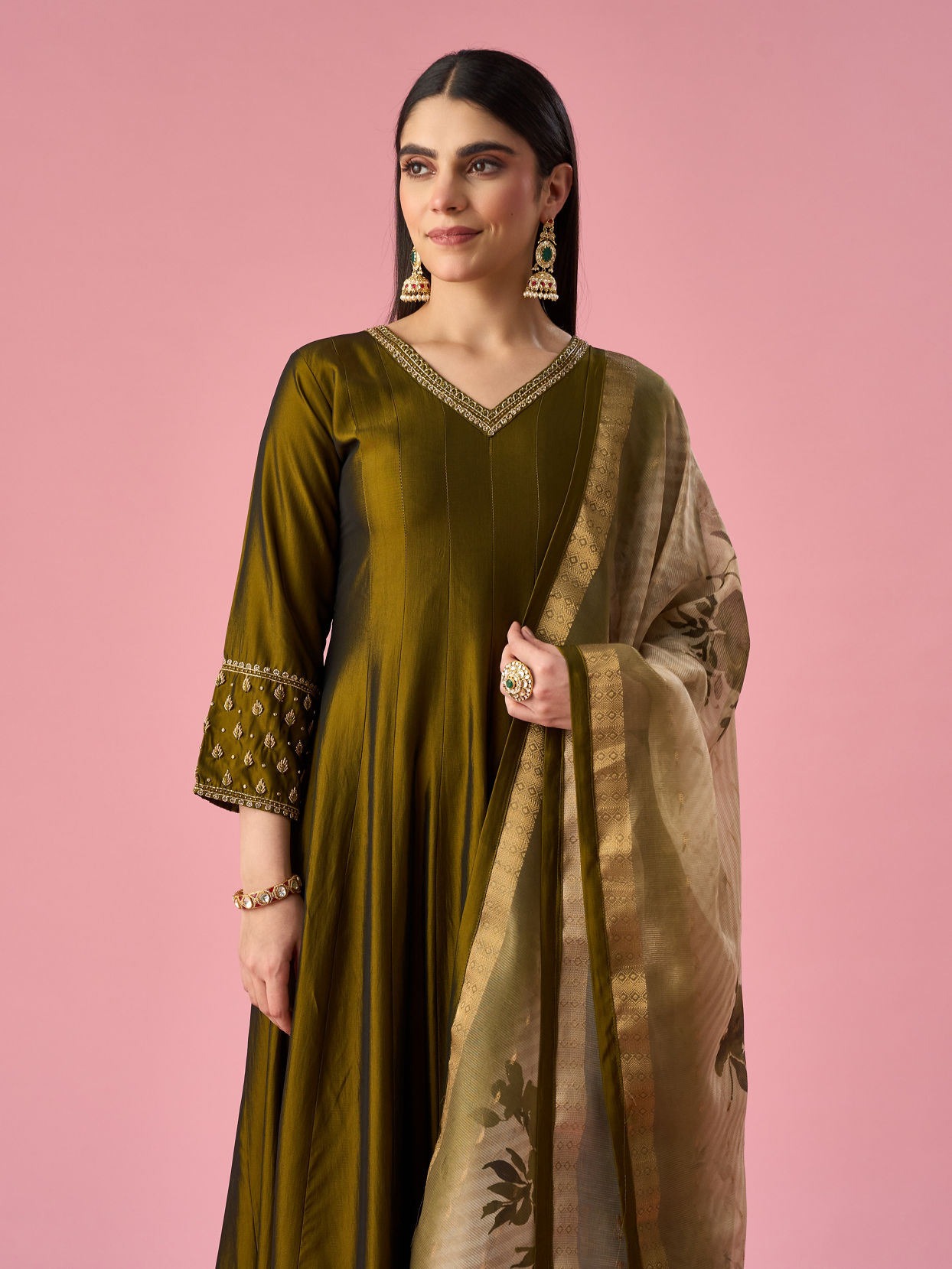 Mohey Women Green Art Silk Anarkali Suit with Hand Embroidery