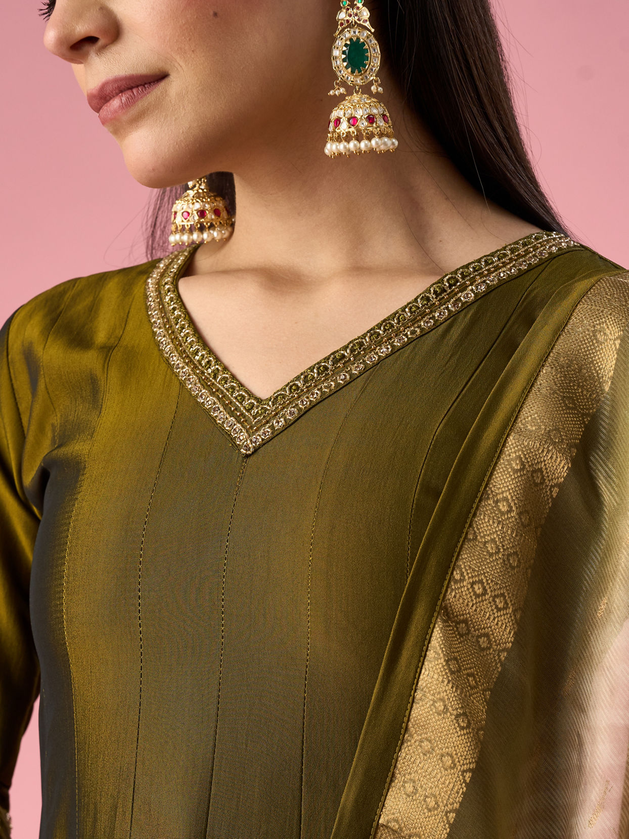 Mohey Women Green Art Silk Anarkali Suit with Hand Embroidery