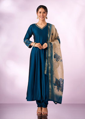 Mohey Women Blue Silk Anarkali Suit with Embroidery