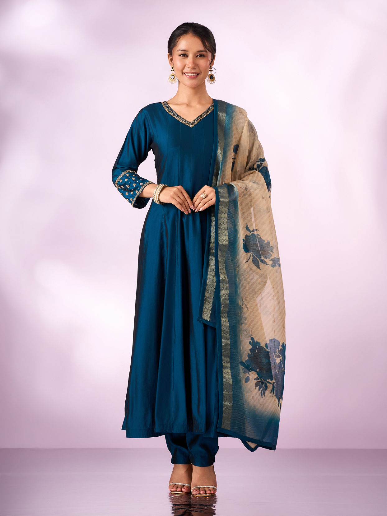 Mohey Women Blue Silk Anarkali Suit with Embroidery