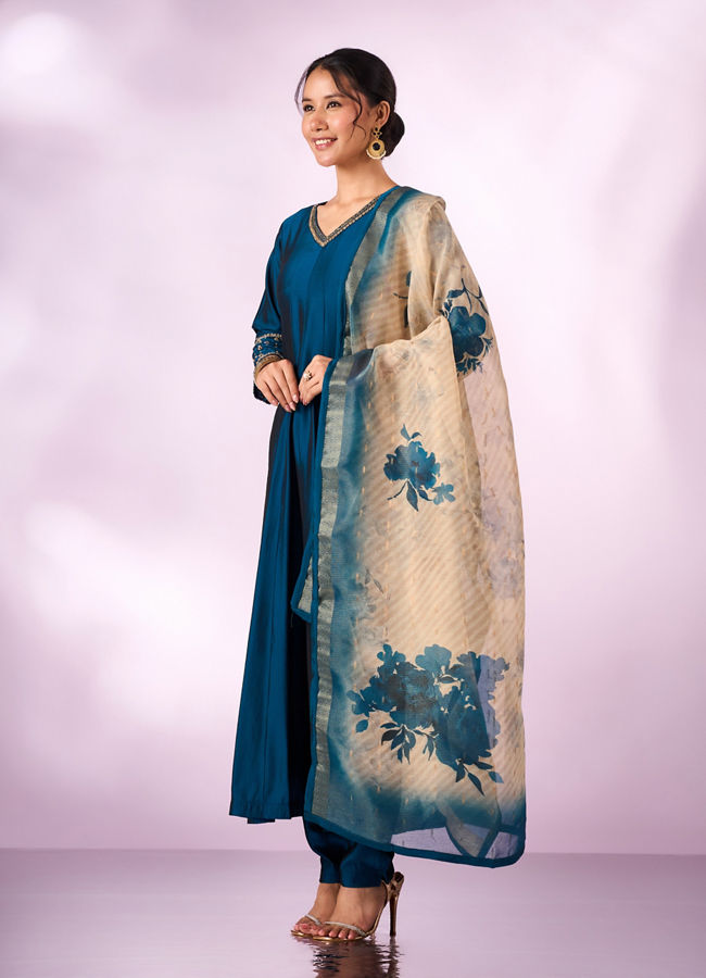 Mohey Women Blue Silk Anarkali Suit with Embroidery
