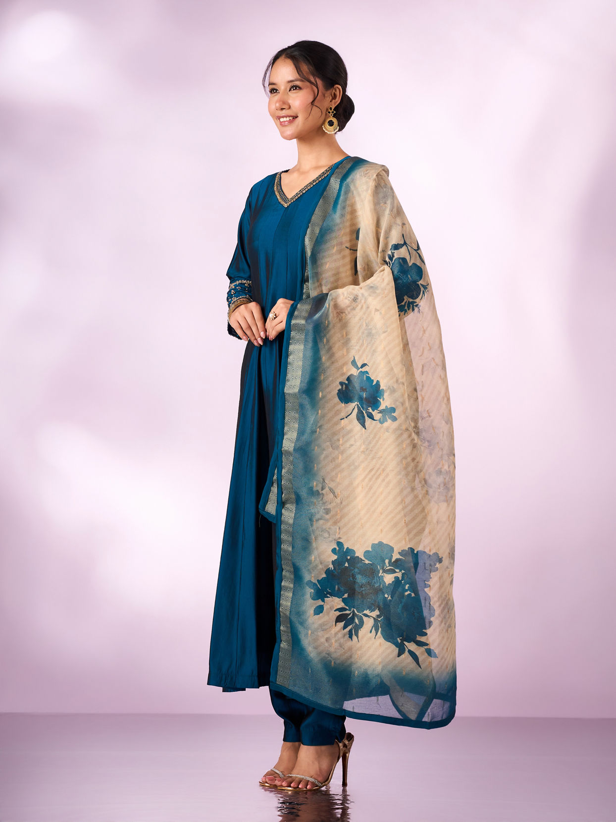 Mohey Women Blue Silk Anarkali Suit with Embroidery