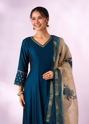 Mohey Women Blue Silk Anarkali Suit with Embroidery