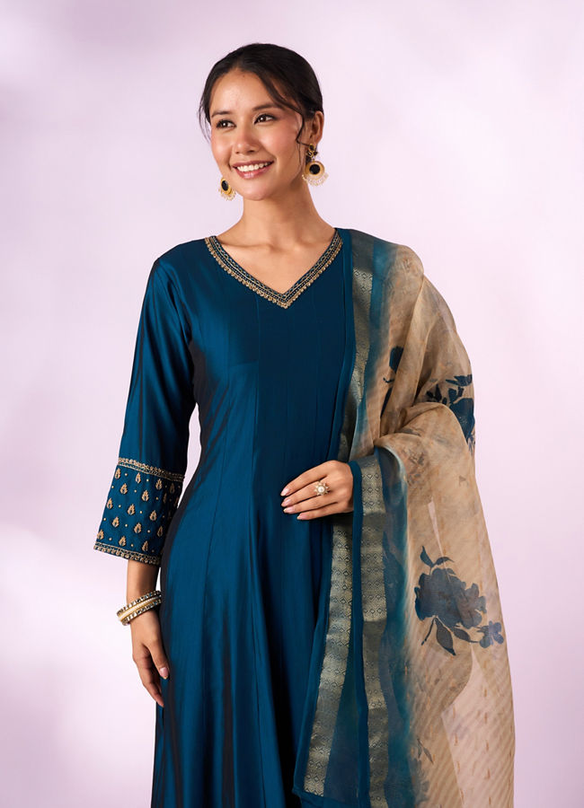 Mohey Women Blue Silk Anarkali Suit with Embroidery