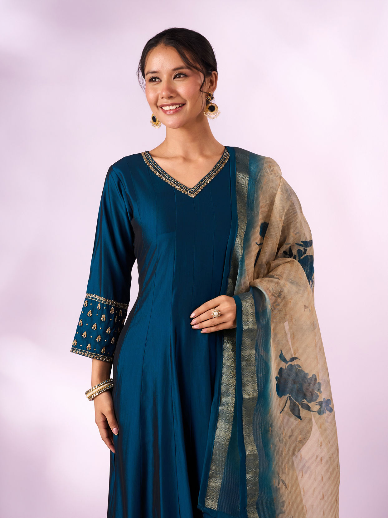 Mohey Women Blue Silk Anarkali Suit with Embroidery