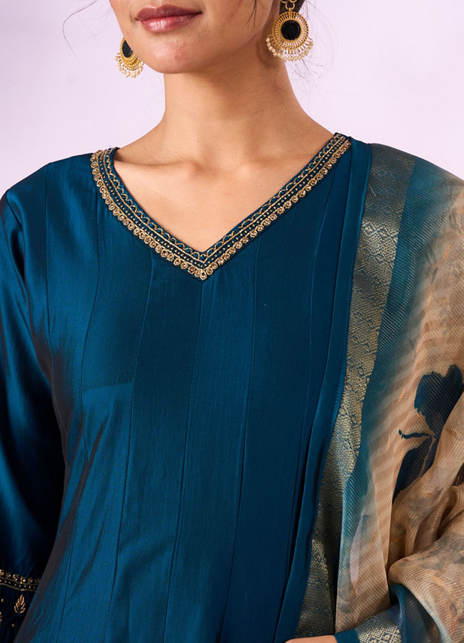 Mohey Women Blue Silk Anarkali Suit with Embroidery