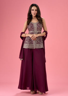 Mohey Women Glamorous Wine Tissue Palazzo Suit
