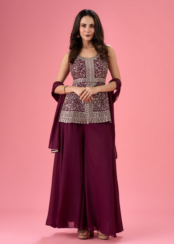 Mohey Women Glamorous Wine Tissue Palazzo Suit