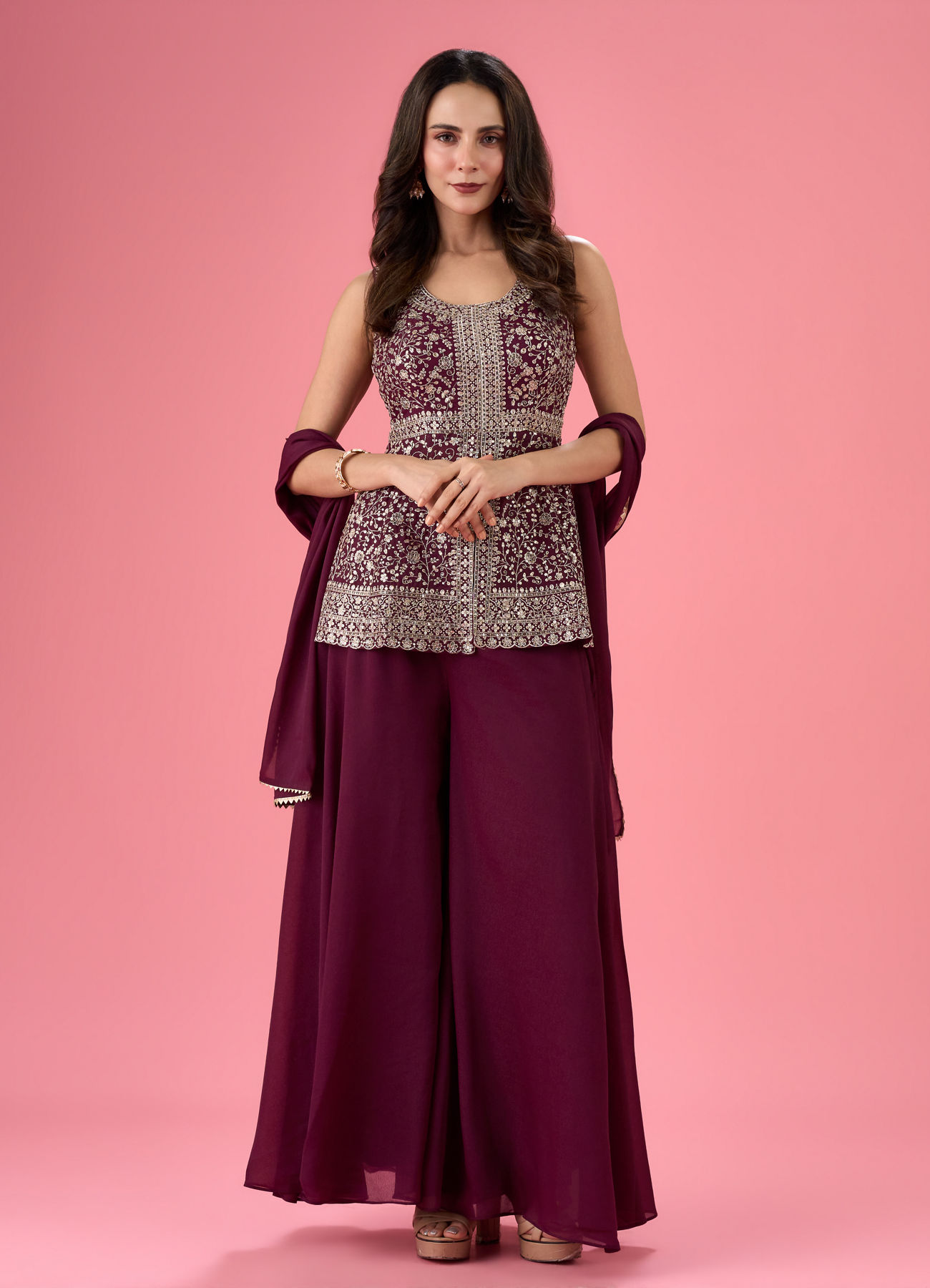 Mohey Women Glamorous Wine Tissue Palazzo Suit