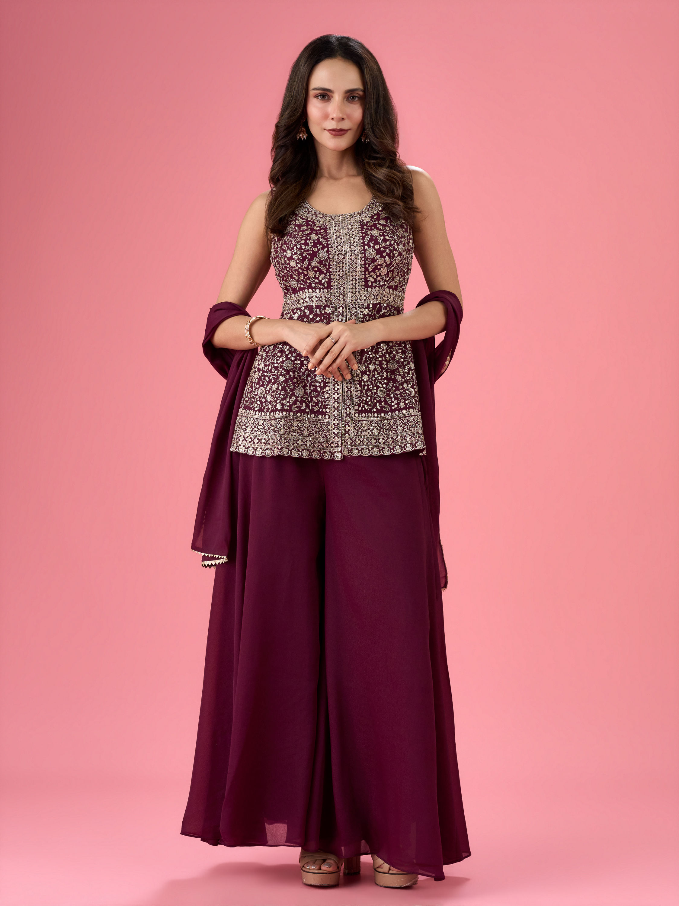 Mohey Women Glamorous Wine Tissue Palazzo Suit