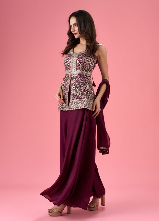 Mohey Women Glamorous Wine Tissue Palazzo Suit