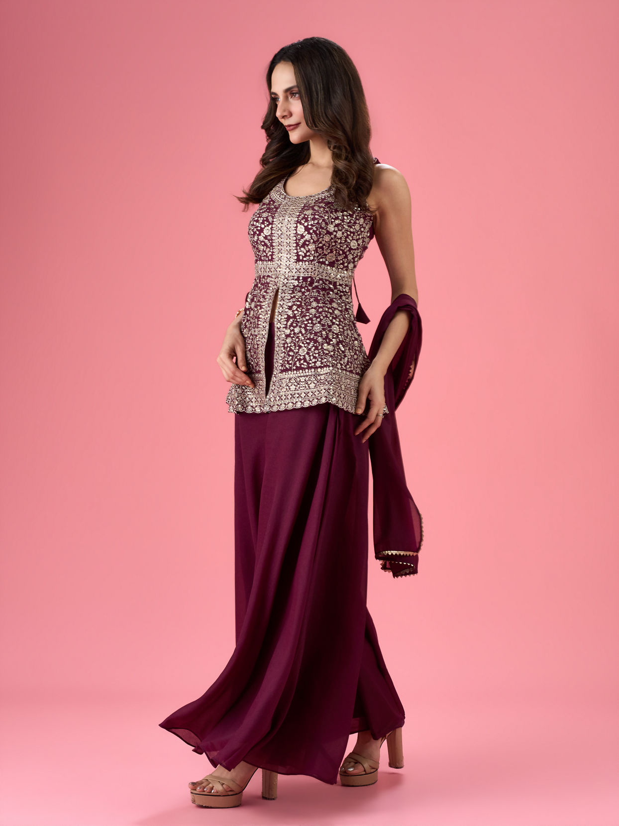 Mohey Women Glamorous Wine Tissue Palazzo Suit