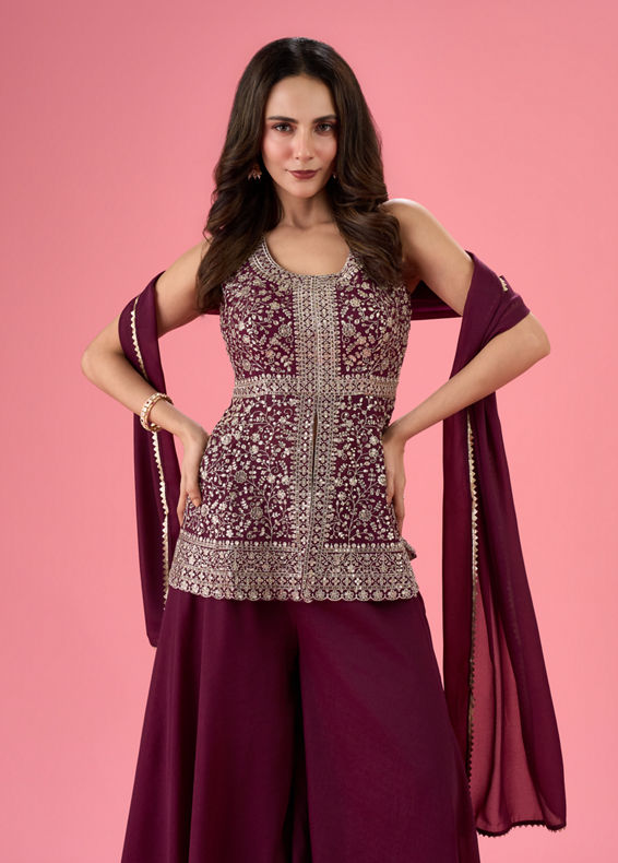 Mohey Women Glamorous Wine Tissue Palazzo Suit