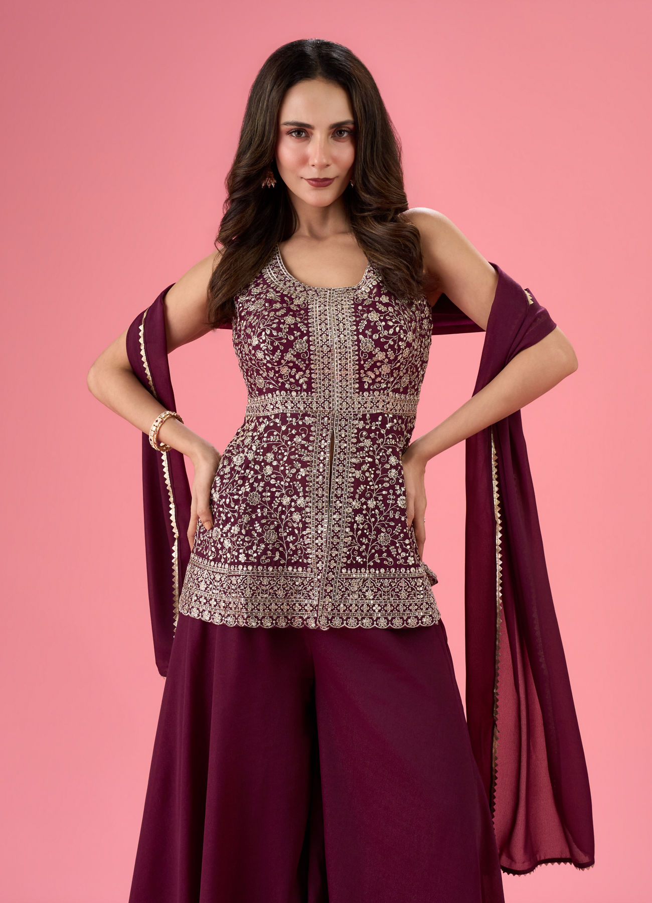 Mohey Women Glamorous Wine Tissue Palazzo Suit
