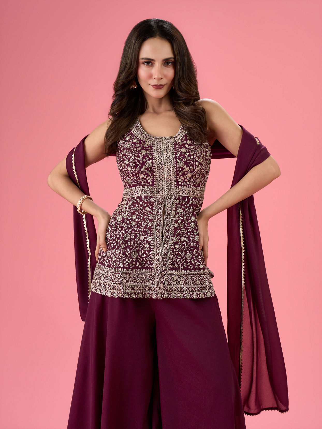 Mohey Women Glamorous Wine Tissue Palazzo Suit