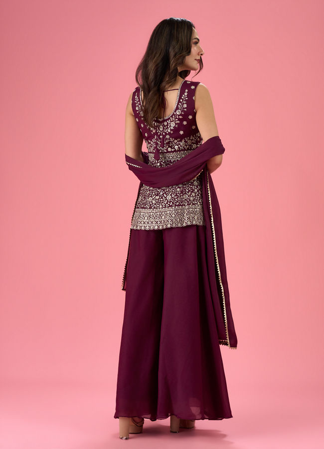 Mohey Women Glamorous Wine Tissue Palazzo Suit