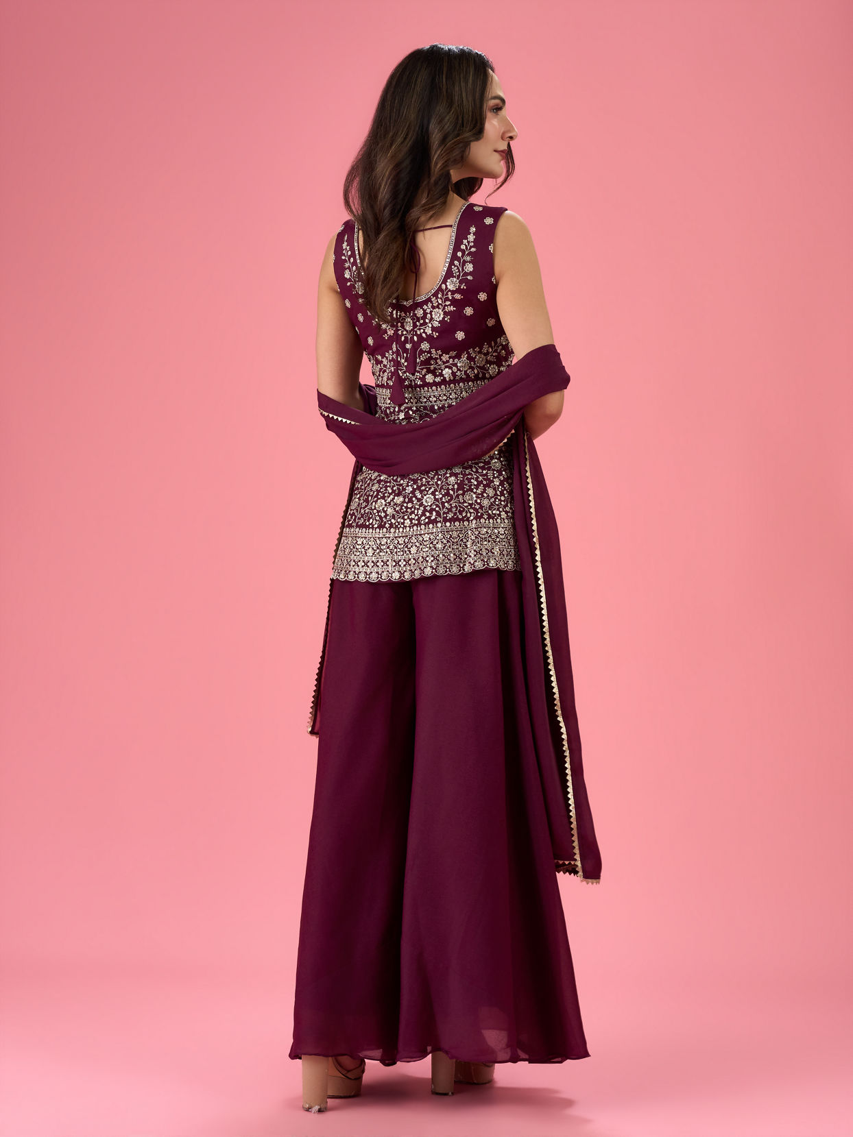 Mohey Women Glamorous Wine Tissue Palazzo Suit