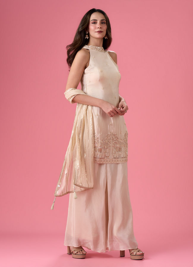 Mohey Women Breezy Organza Cream Palazzo Suit