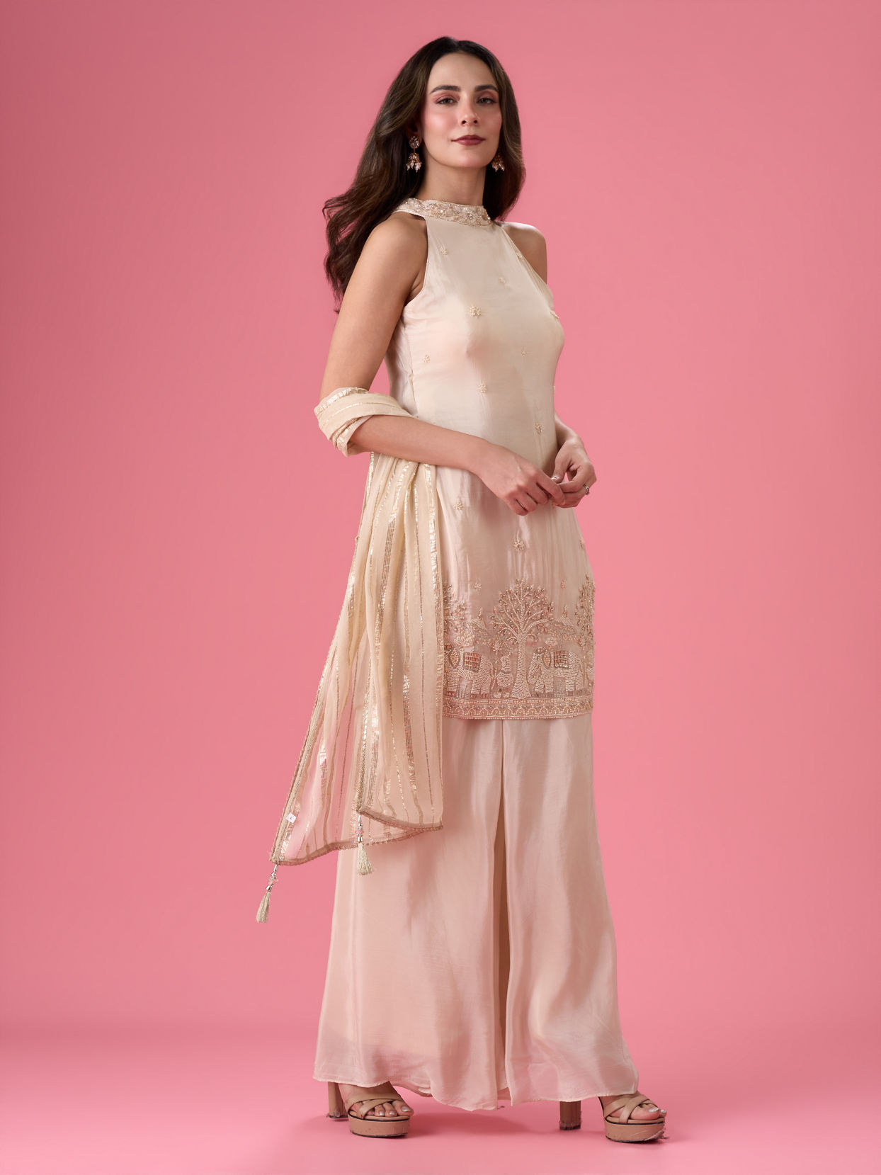 Mohey Women Breezy Organza Cream Palazzo Suit