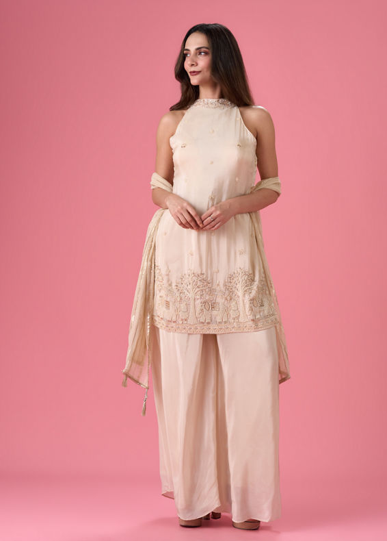 Mohey Women Breezy Organza Cream Palazzo Suit