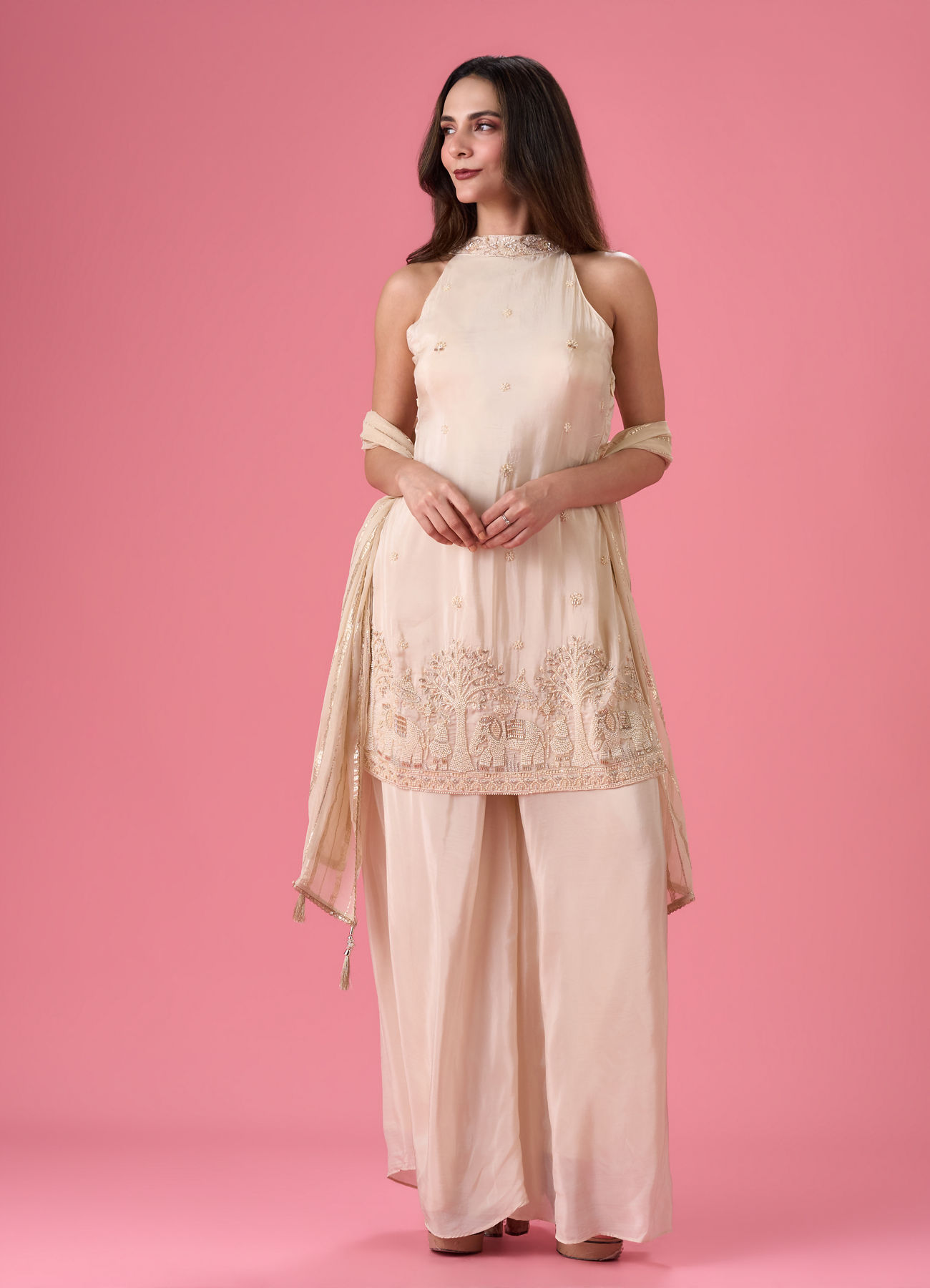 Mohey Women Breezy Organza Cream Palazzo Suit