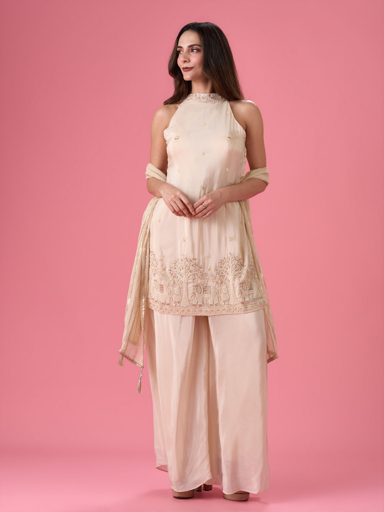 Mohey Women Breezy Organza Cream Palazzo Suit