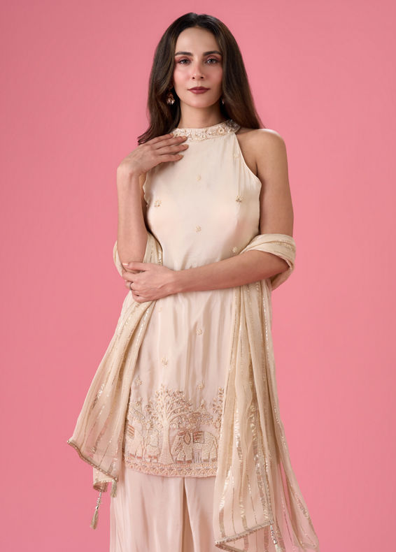 Mohey Women Breezy Organza Cream Palazzo Suit