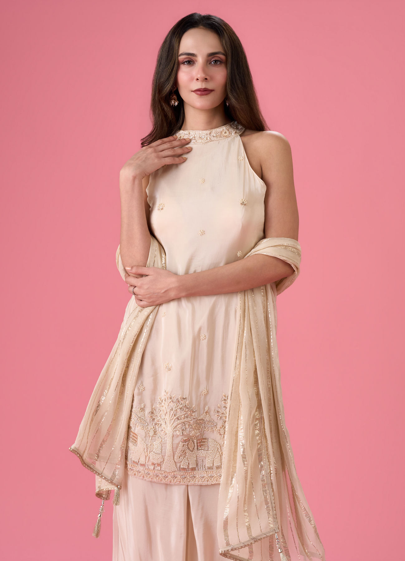 Mohey Women Breezy Organza Cream Palazzo Suit