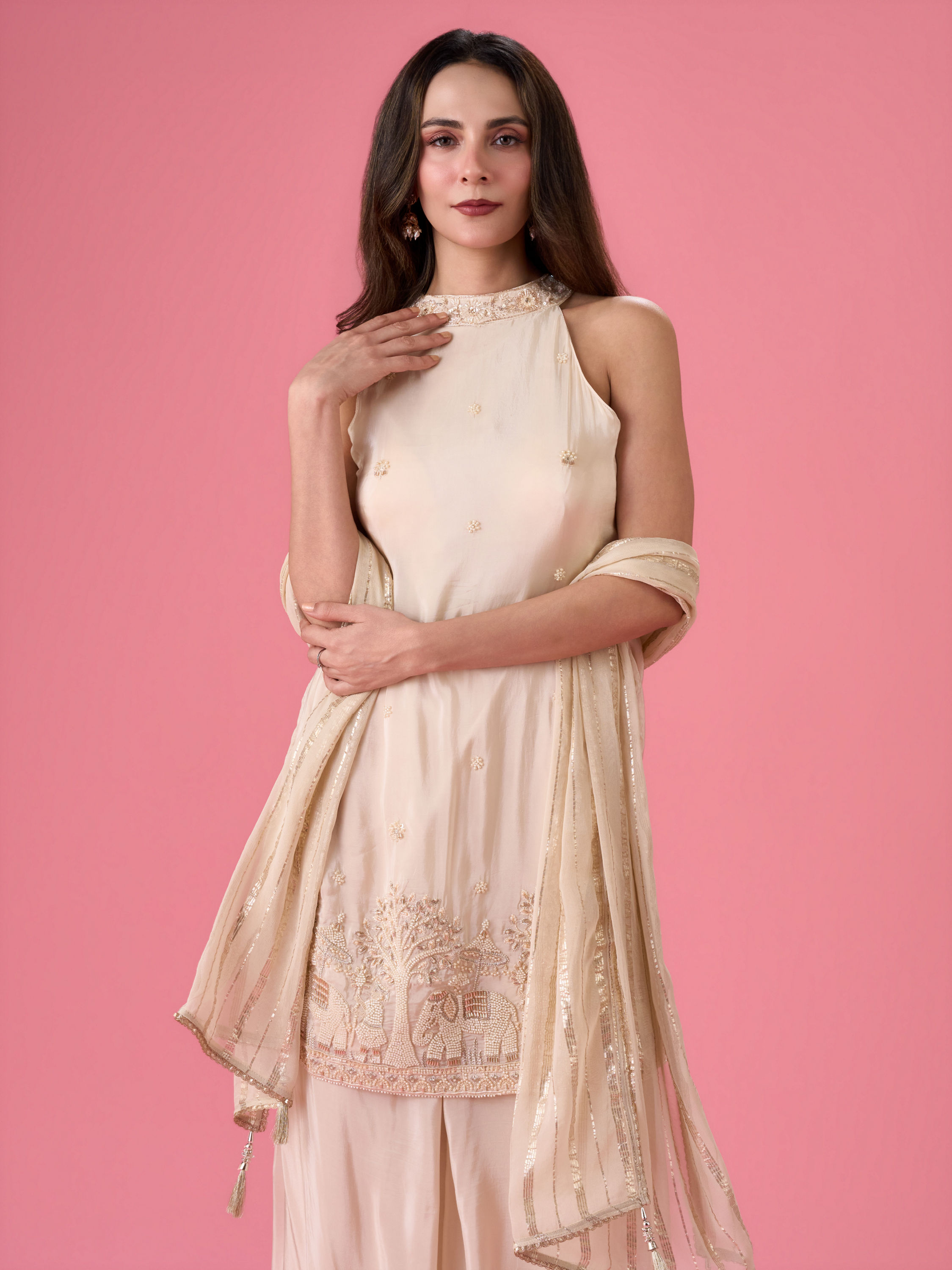 Mohey Women Breezy Organza Cream Palazzo Suit