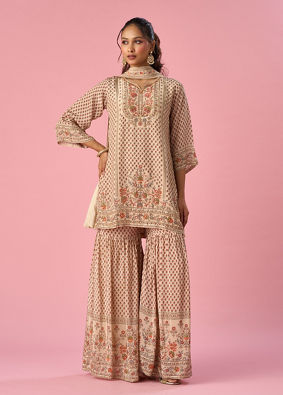 Mohey Women Cream Satin Sharara Suit with Hand Embroidery