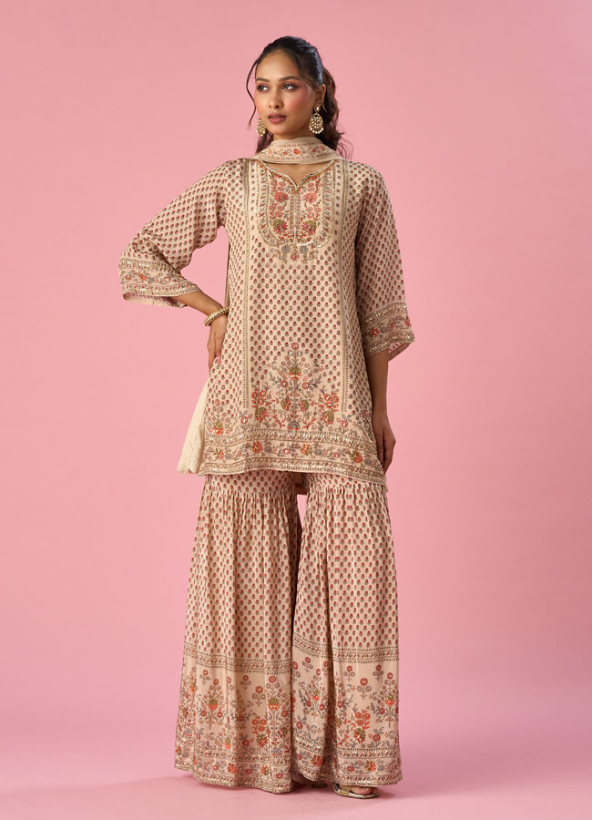 Mohey Women Cream Satin Sharara Suit with Hand Embroidery