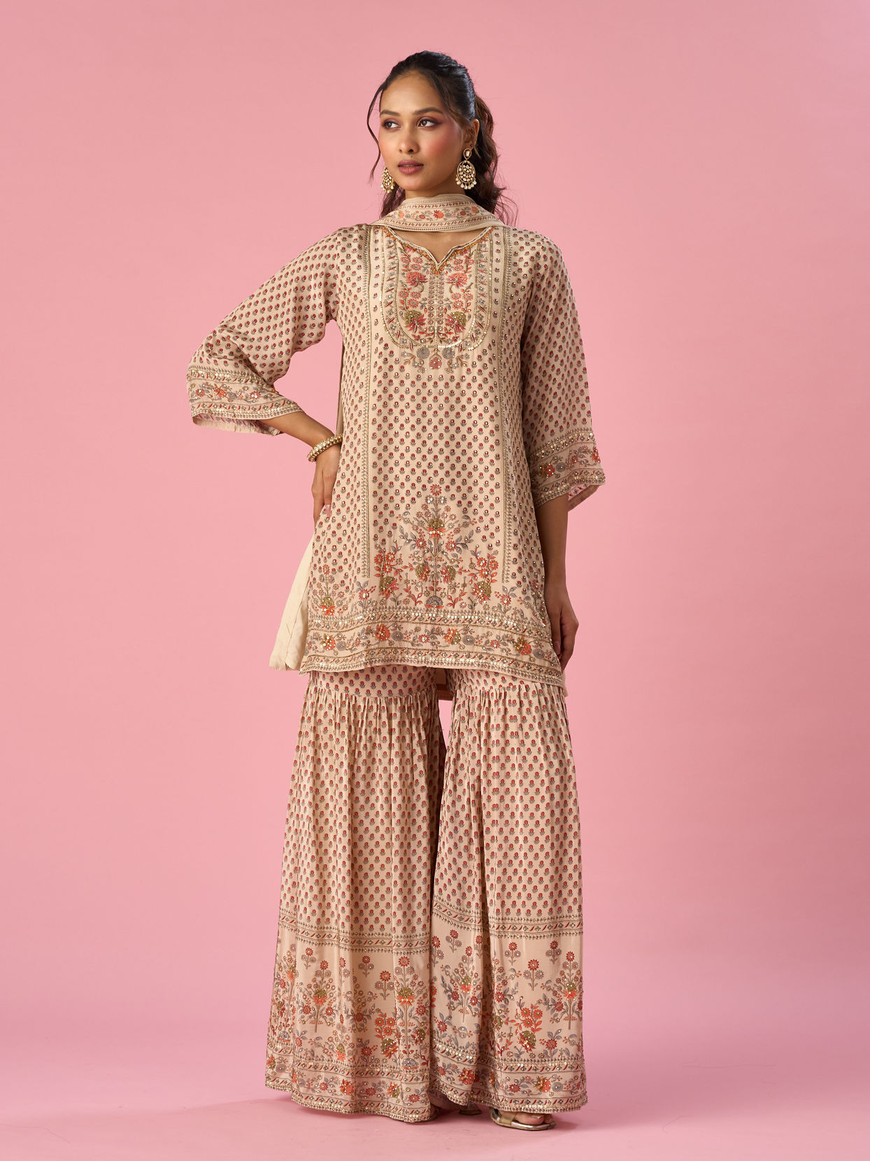 Mohey Women Cream Satin Sharara Suit with Hand Embroidery