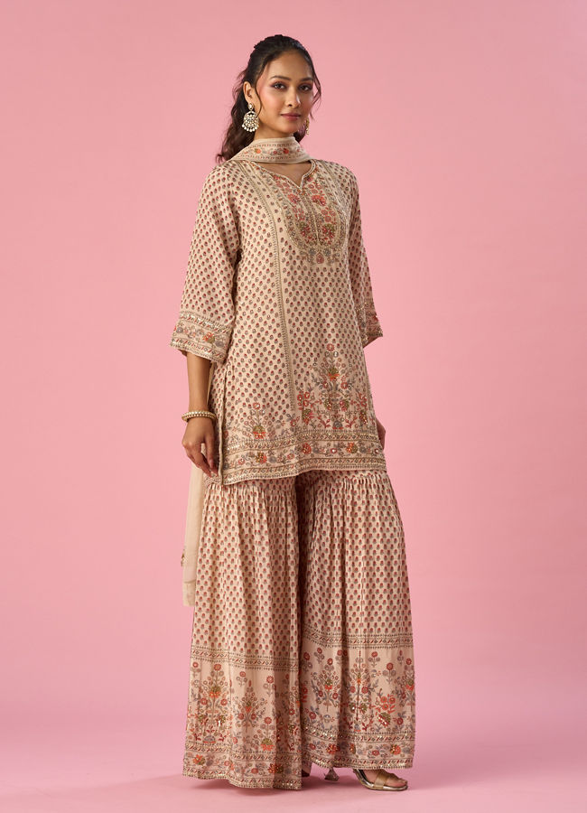 Mohey Women Cream Satin Sharara Suit with Hand Embroidery