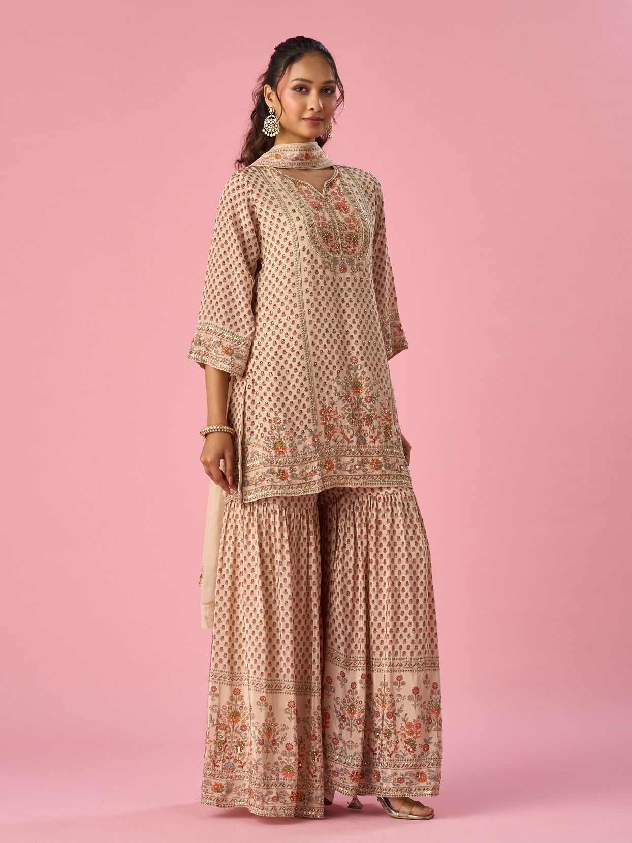 Mohey Women Cream Satin Sharara Suit with Hand Embroidery