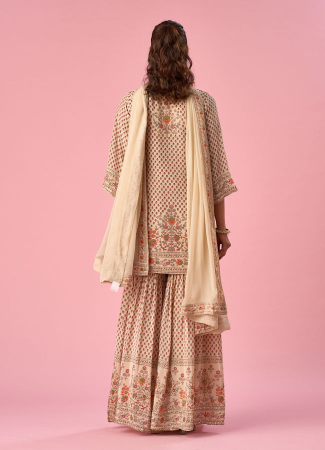 Mohey Women Cream Satin Sharara Suit with Hand Embroidery