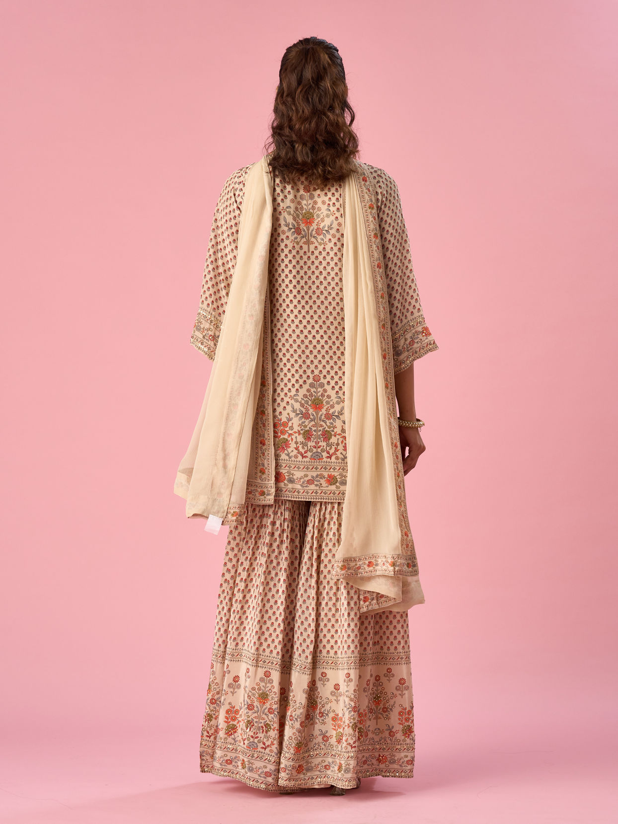 Mohey Women Cream Satin Sharara Suit with Hand Embroidery
